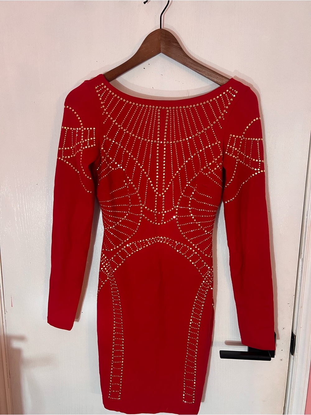 bebe Red Long-Sleeve Studded Bodycon Midi Dress